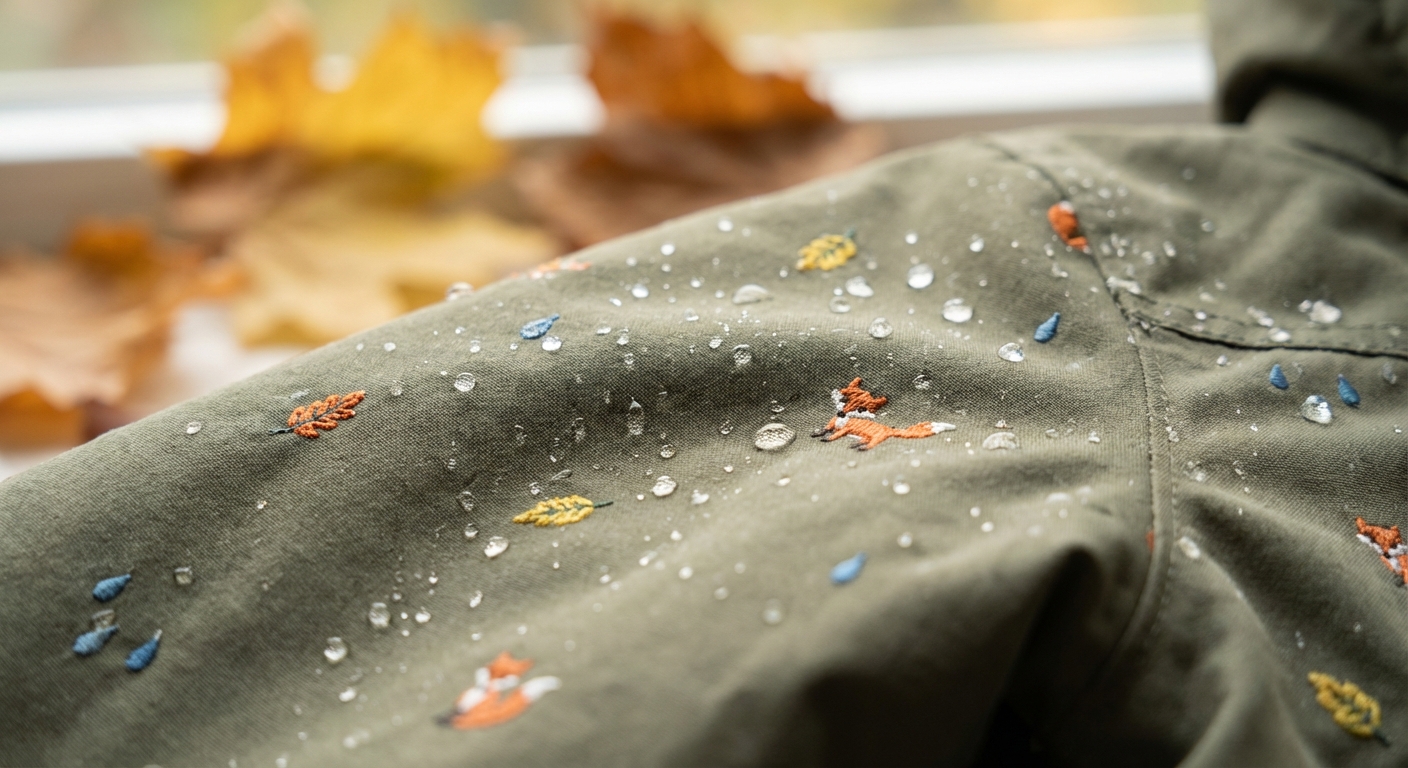 Lähivõte PFAS-vaba BIONIC-FINISH ECO lastejope veekindlast ja hingavast kangast, millelt vihmapiisad maha veerevad