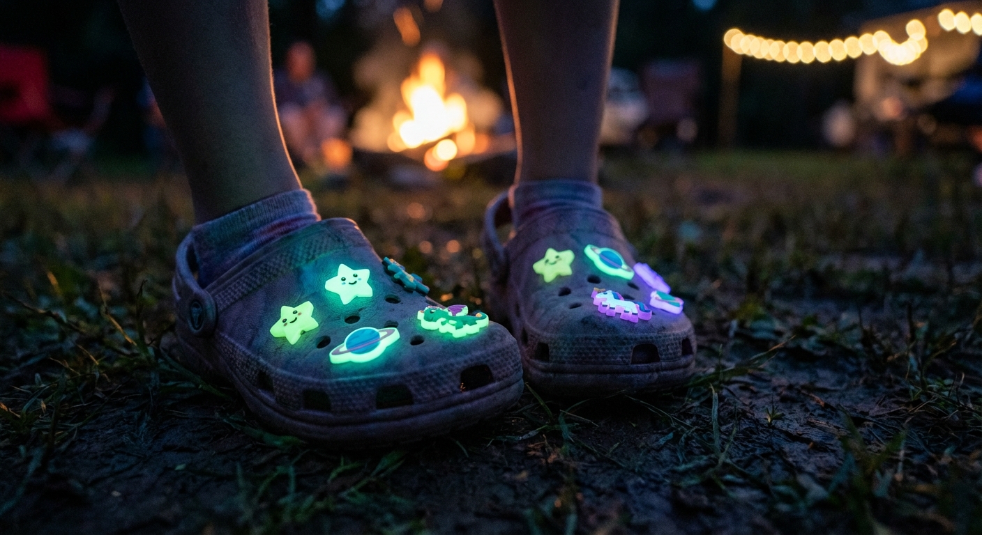 Pimedas helendavad laste Crocs-stiilis klapid, millel on glow-in-the-dark Jibbitz kaunistused