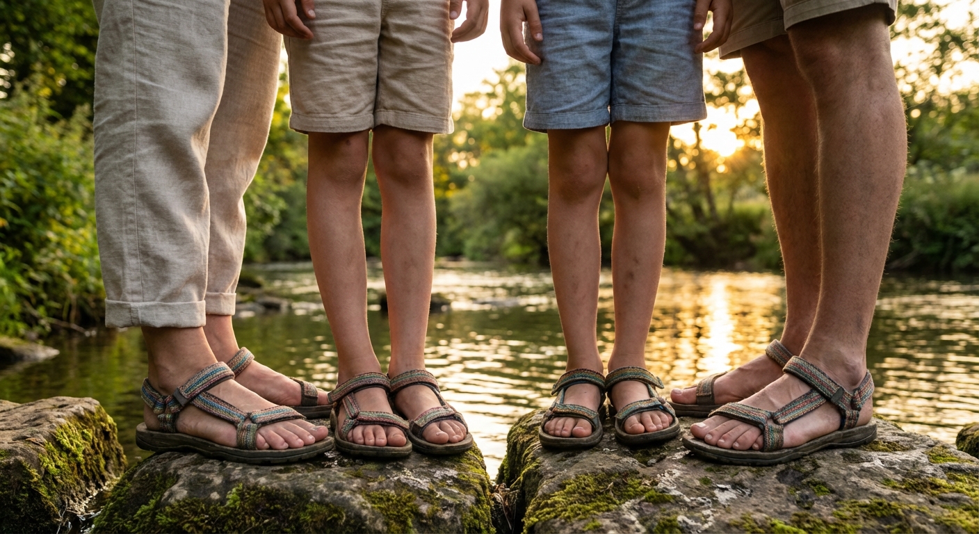 Pere seisab looduses jõe ääres kividel, kandes mugavaid keskkonnasõbralikke sandaale