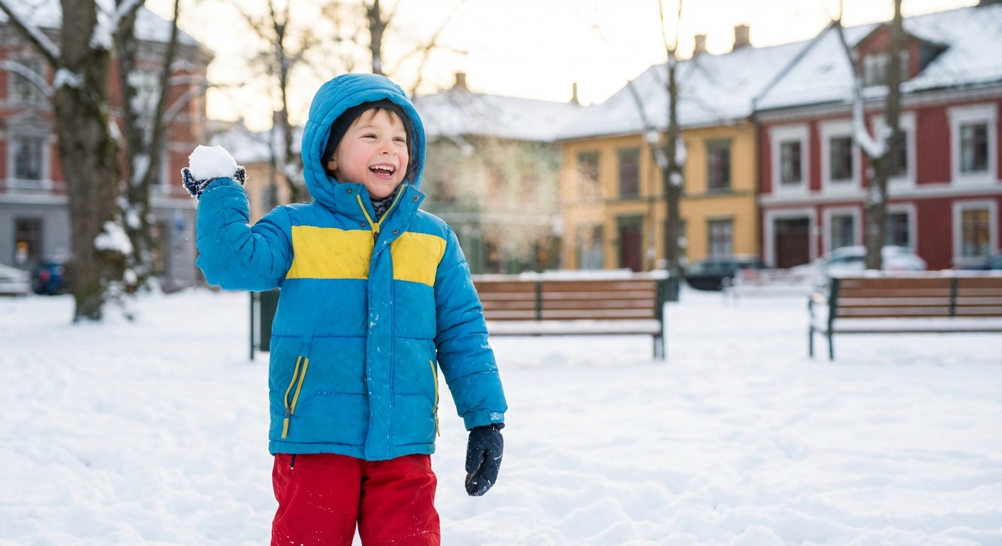 Naeratav kooliealine laps värvilises talvekombinesoonis lumises pargis