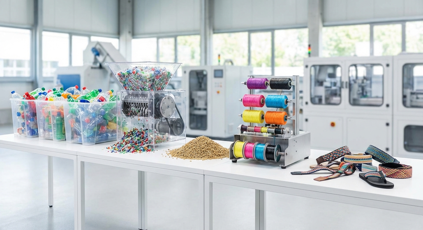 Plastpudelite taaskasutusprotsess tehaselaual, kus pudelitest saavad värvilised graanulid, niidid ja sandaalirihmad