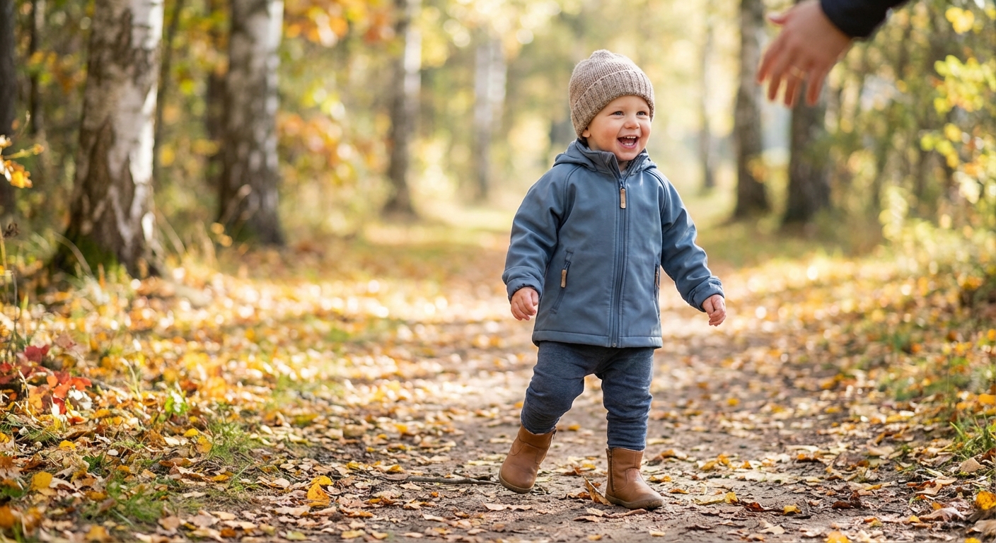 Rõõmus väikelaps teeb esimesi samme õues, kandes paindliku tallaga lastejalanõusid