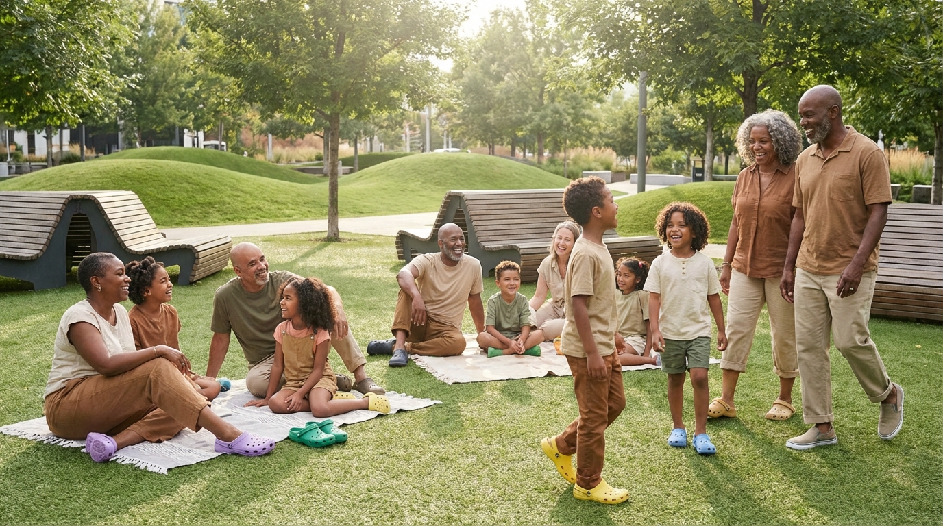Pere ja sõbrad veedavad aega pargis, kandes värvilisi mugavaid Crocsi ja HeyDude’i stiilis vabaajajalatseid