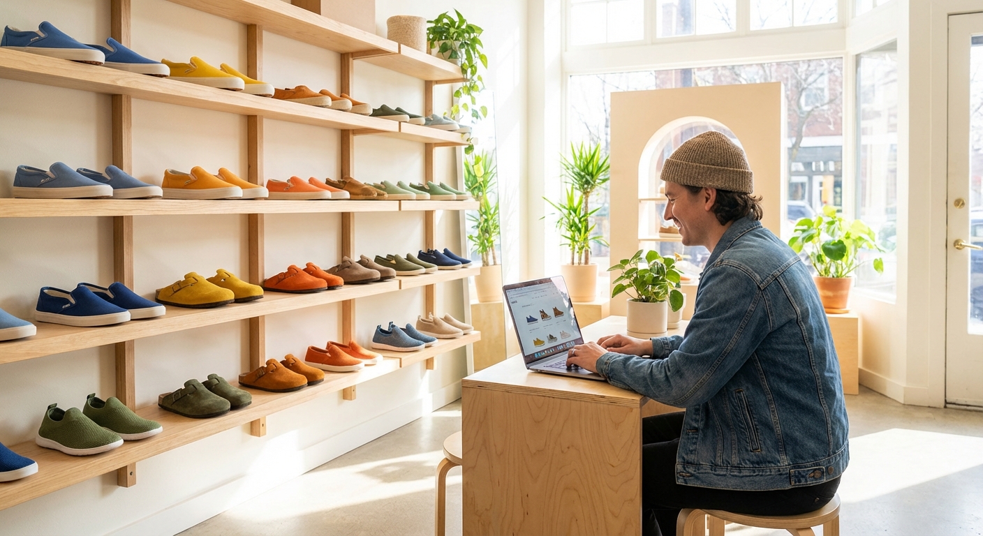 Moodne ja valgusküllane jalatsipood, kus riiulitel on värvilised mugavad vabaajajalatsid ning klient valib kingi sülearvutist e-poes