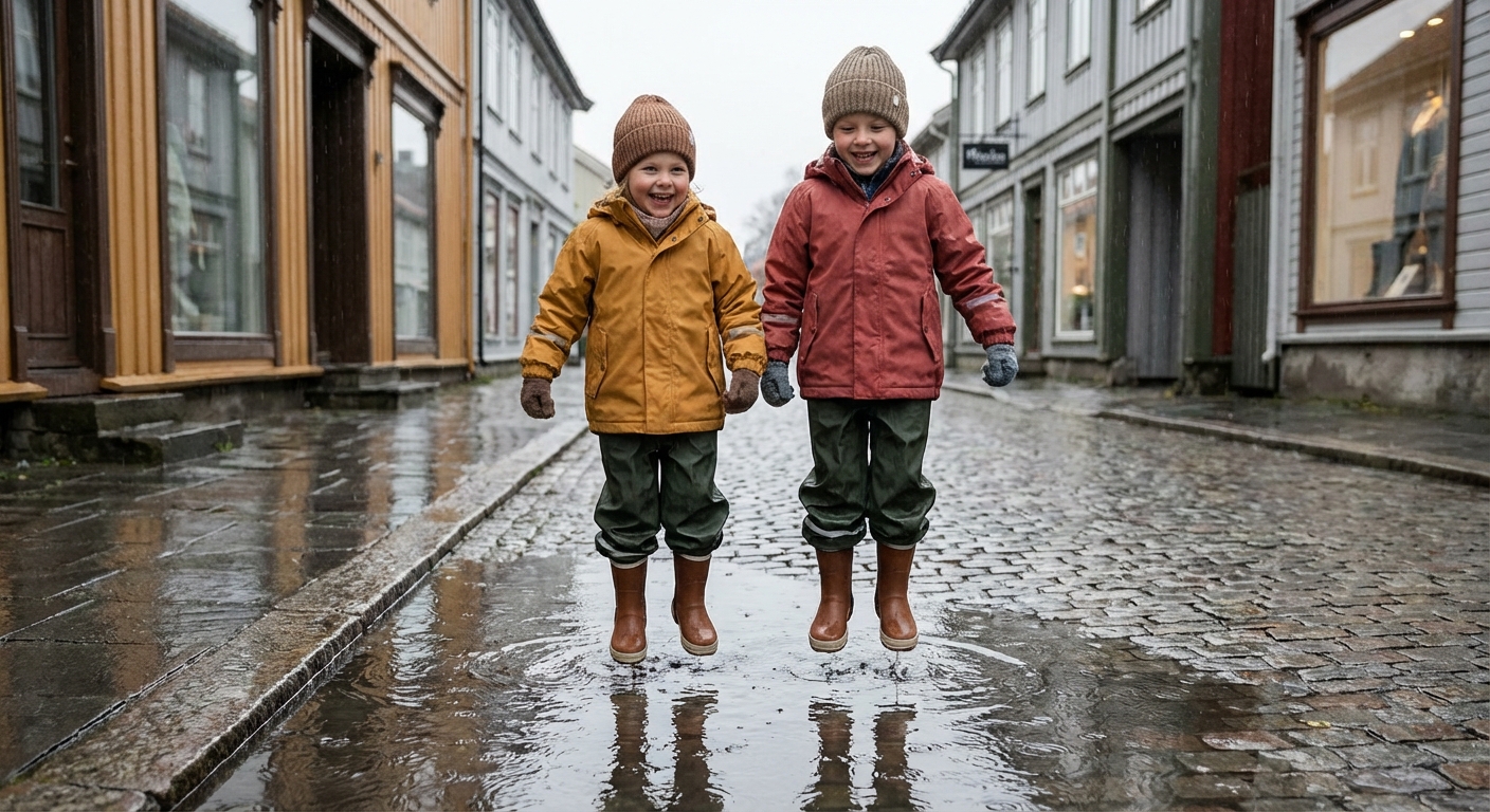 Kaks last jalutavad looduses, kandes värvilisi jätkusuutlikest materjalidest valmistatud üleriideid ja jalanõusid, sobilikke Eesti muutlikule ilmale.