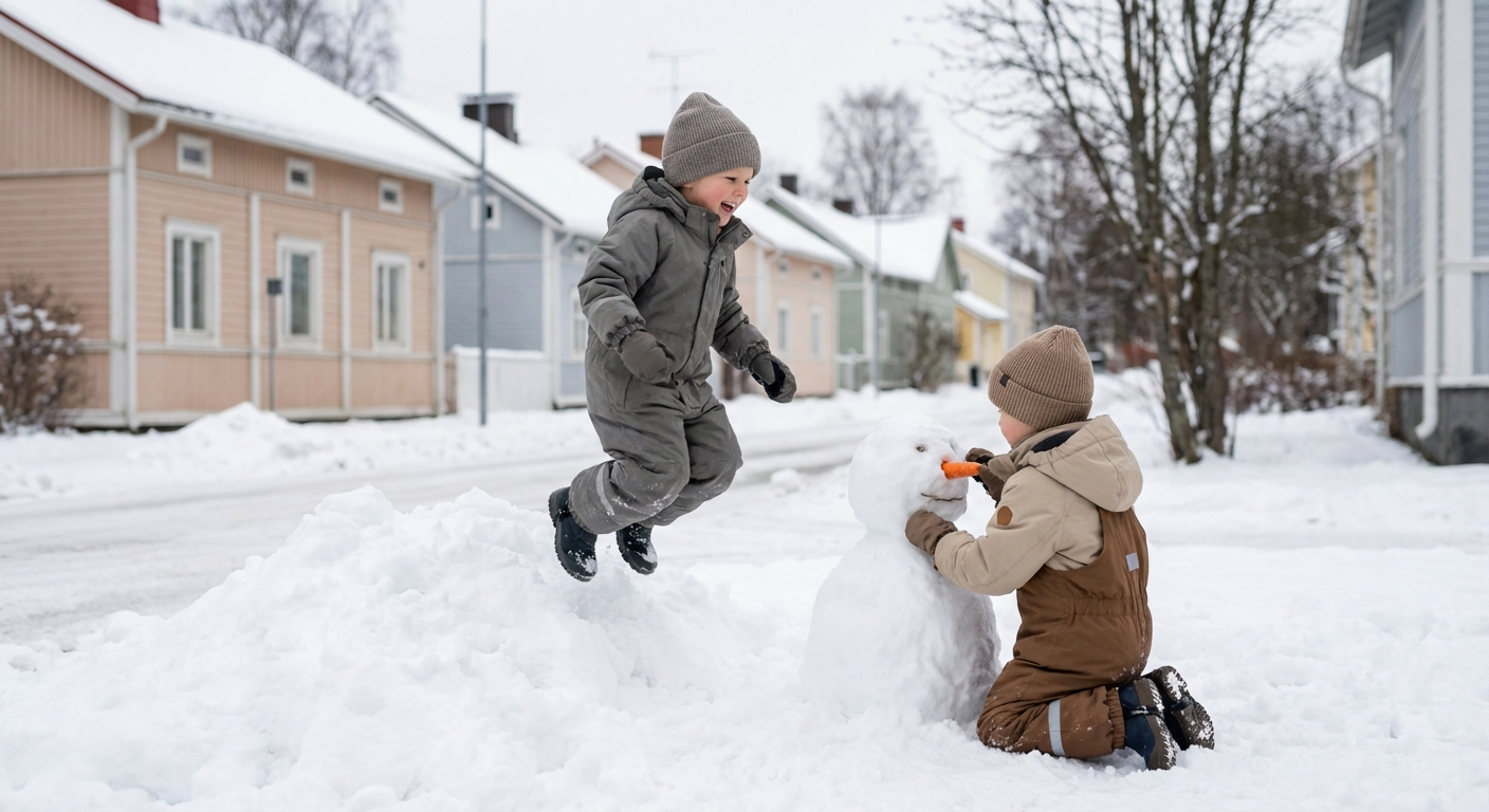 Kaks eelkooliealist last mängivad õues lumises pargis värvilistes soojades talvekombedes