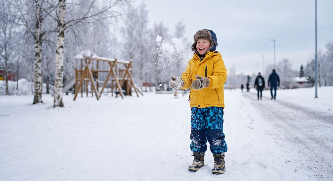Rõõmus väikelaps mängib talvises lumes, kandes värvilist ilmastikukindlat talvekombet ja jätkusuutlikest materjalidest valmistatud lasteriideid.
