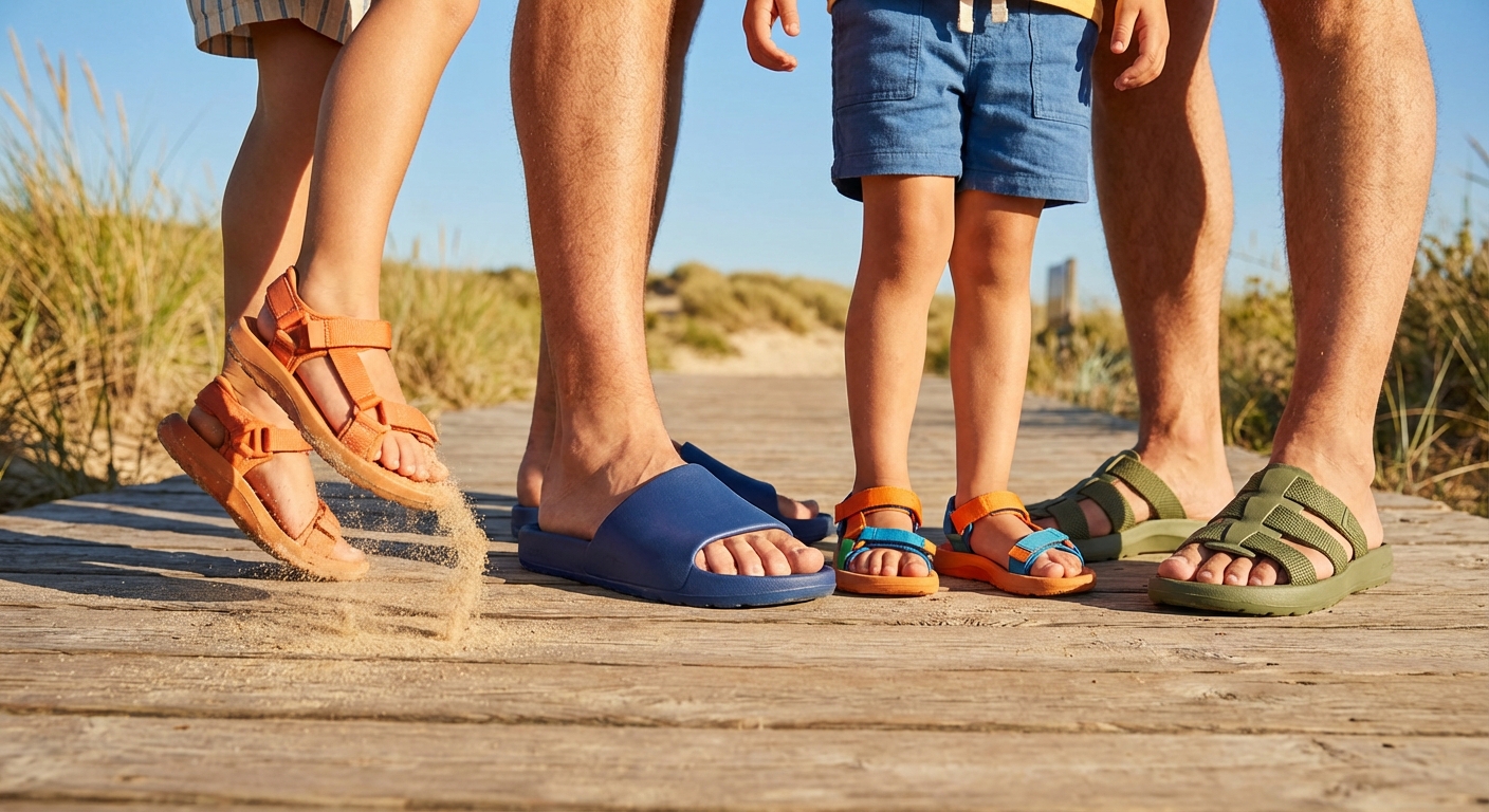 Lõbus suvine pere jalutuskäik õues, vanemad ja lapsed kannavad värvilisi vabaaja- ja sandaalilaadseid jalanõusid