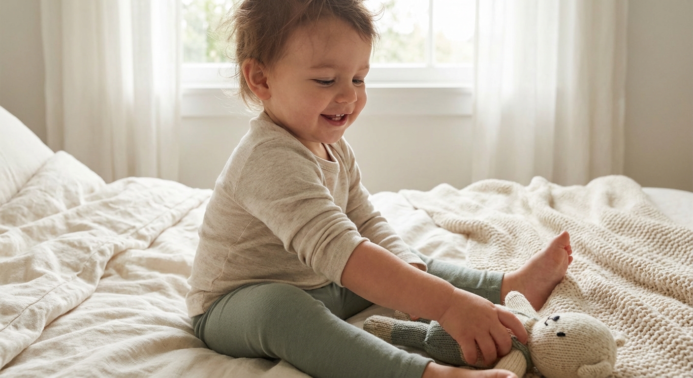 Rõõmus mudilane pehmes orgaanilisest puuvillast pikkade varrukatega pluusis mängimas siseruumis