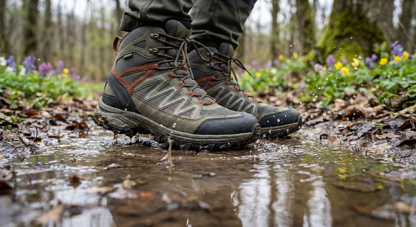 Lähivaade moodsatest tehnilistest matkajalanõudest märjal metsarajal, rõhutades haarduvat tallamustrit
