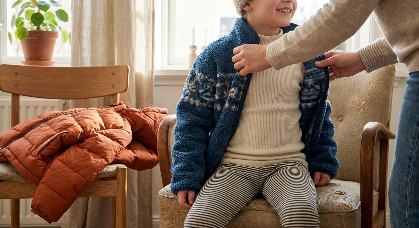 Lähivõte lapsevanemast, kes aitab lapsel kihiti riietuda talveks, pannes selga termopesu ja sooja üleriide, et tagada mugavus ja kaitse külma eest.