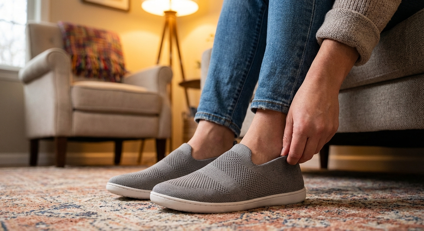 Inimene libistab pärast tööpäeva jalad mugavatesse kergtossudesse kodus ukse juures
