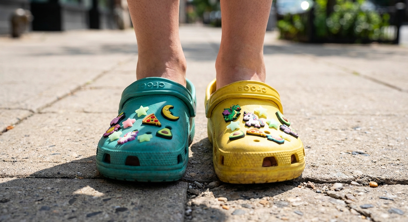 Värvilised Crocs-stiilis klapid, millele on kinnitatud palju erinevaid Jibbitz kaunistusi