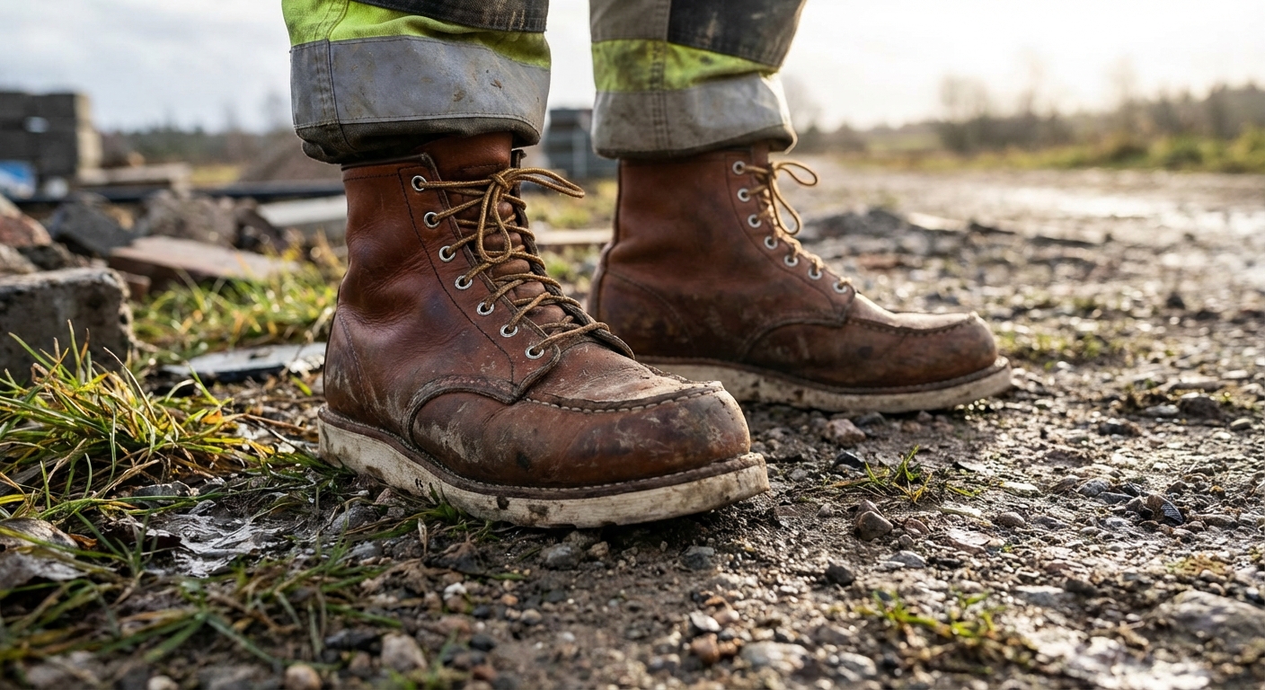 Fotorealistlik lähivõte Ameerika stiilis vastupidavatest töösaabastest wedge-tallaga välitingimustes