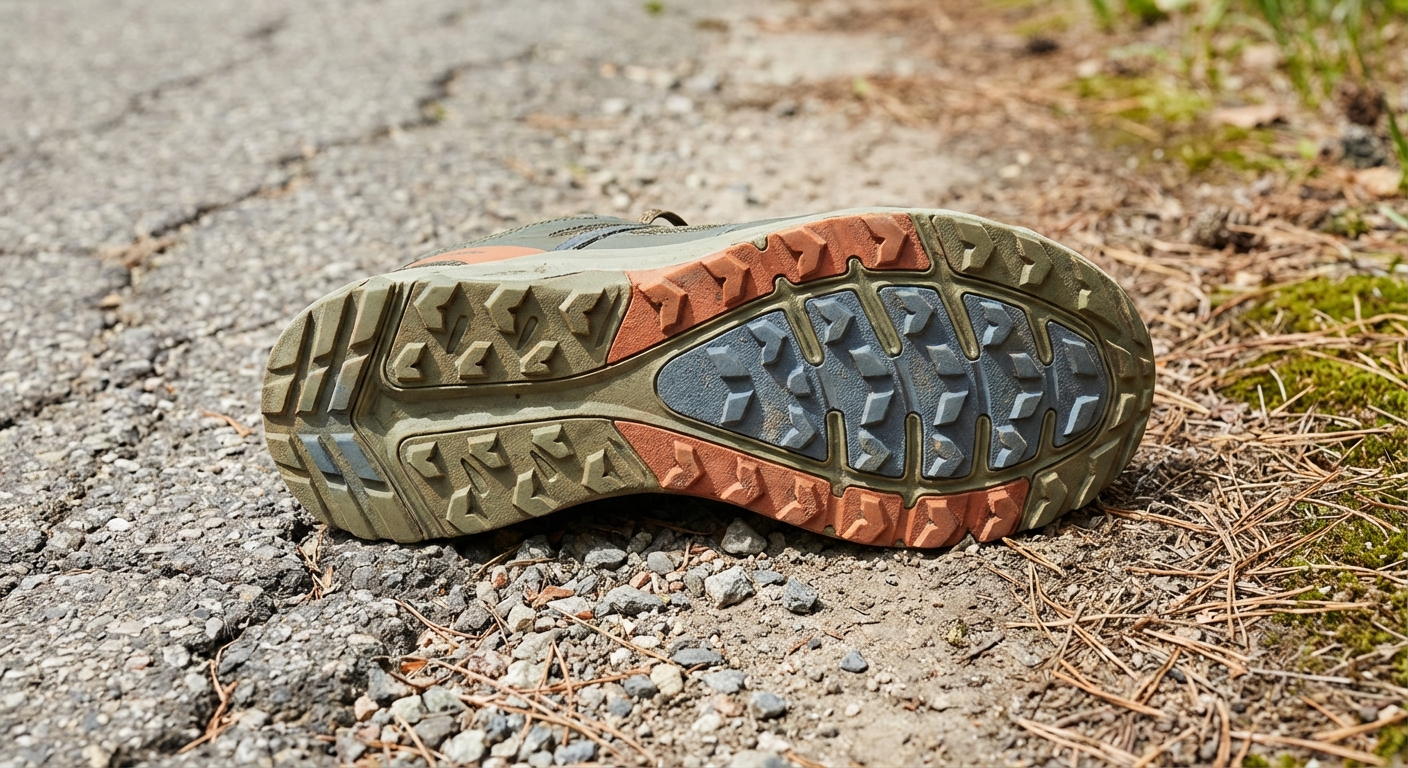 Trail-running jooksujalanõu välistalla lähivaade kruusa ja metsaraja segapinnasel, hea haarduvusega muster