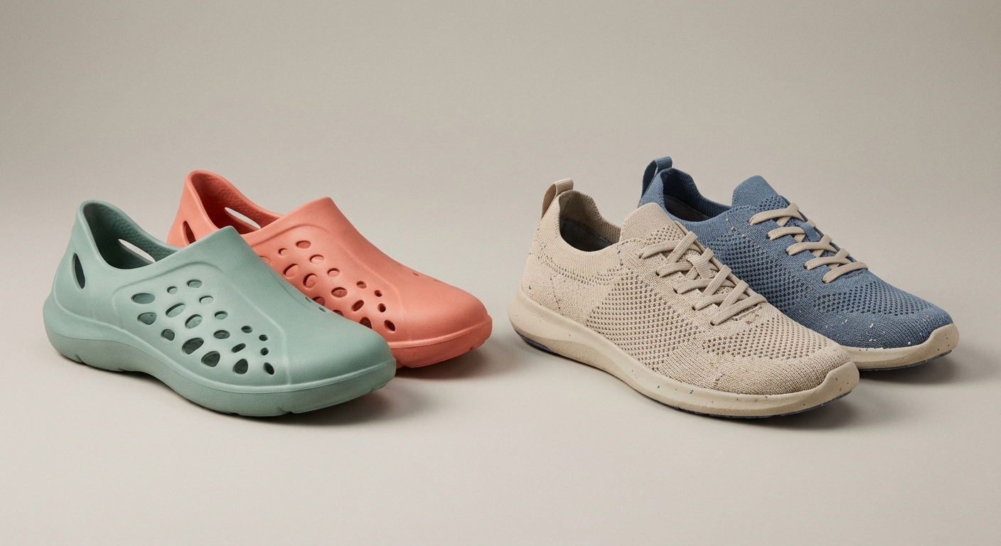 Lähivõte kaasaegsetest Crocsi stiilis kummiklompidest ja HeyDude’i stiilis tekstiilist vabaajajalatsitest neutraalsel taustal