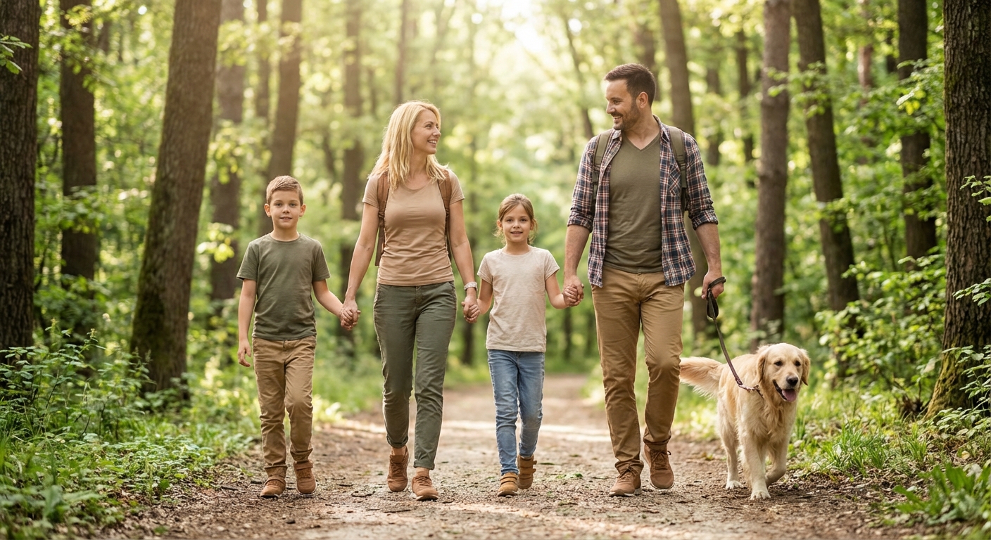 Pere koeraga metsarajal jalutamas, jalas mugavad neutraalsed vabaaja- ja matkajalatsid igapäevaseks kasutuseks