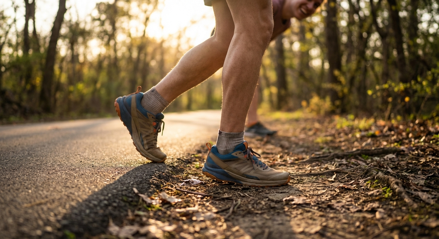 Õnnelik jooksja neutraalsetes trail-running jooksujalatsites asfaldil ja metsarajal, sobib Keen Roam 2025 road-to-trail stiiliga