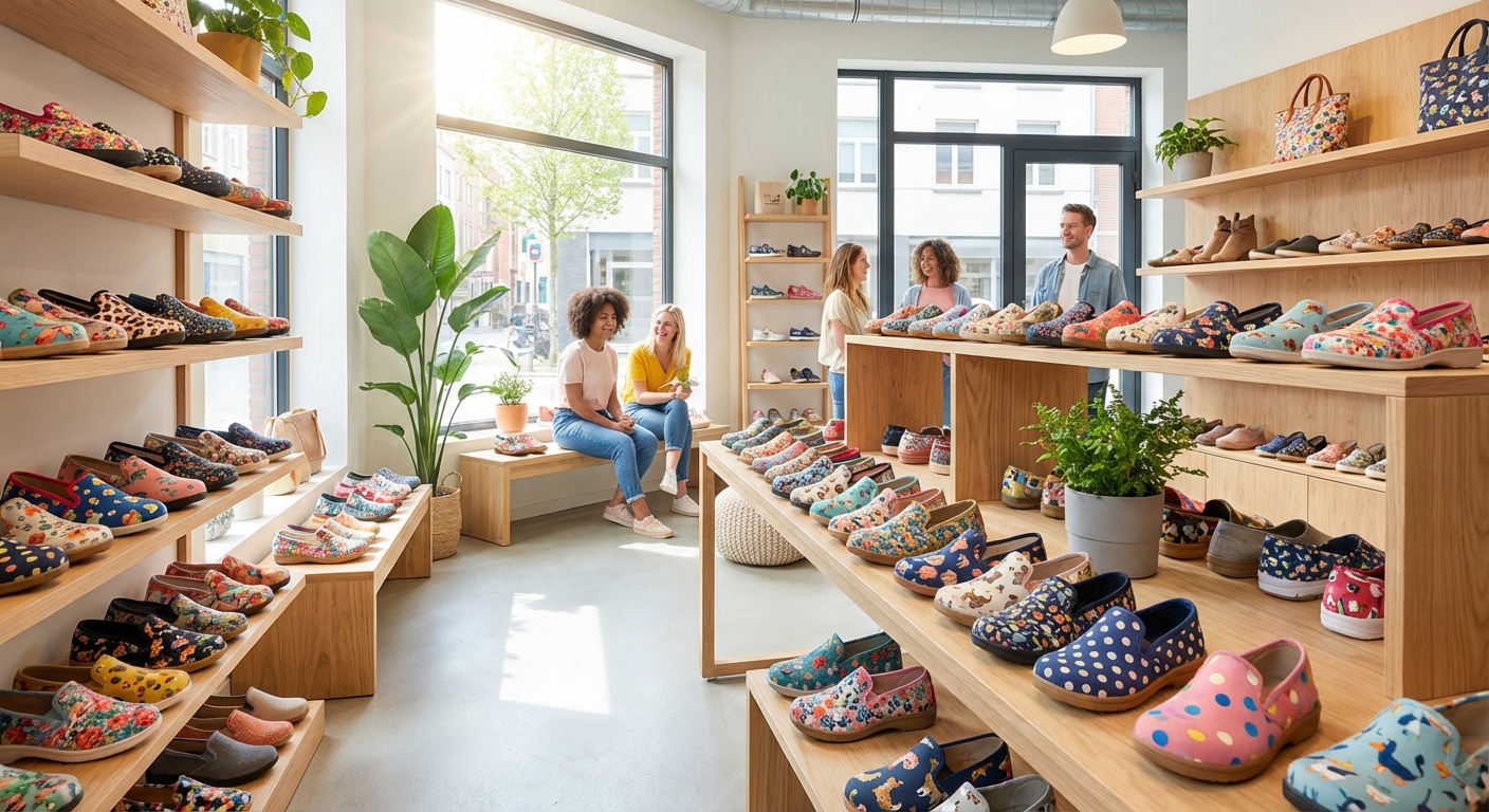 Värvilised mugavad igapäevajalatsid poe riiulil, lai valik meestele ja naistele