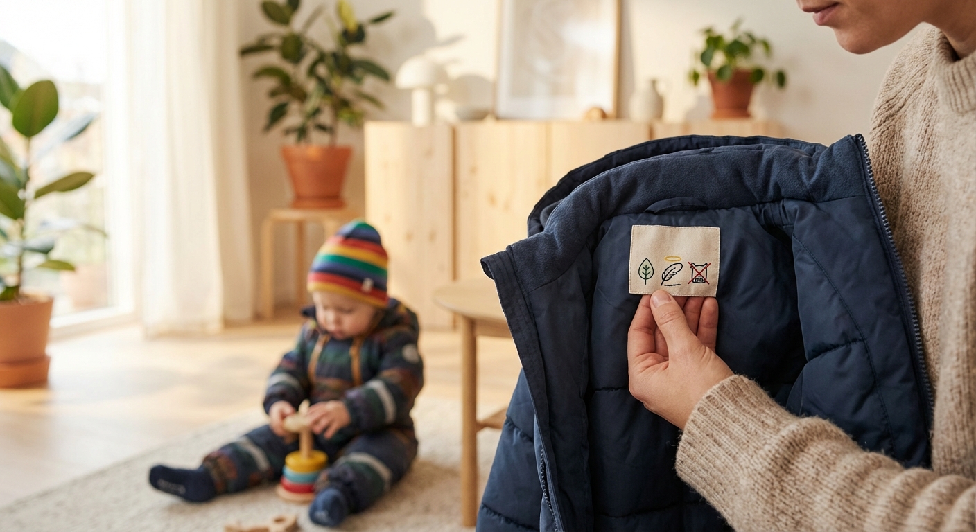 Hooliv vanem kontrollib lapse talvejopelt sertifikaadiga silti, veendumaks RDS-sertifikaadi ja ohutute materjalide olemasolus