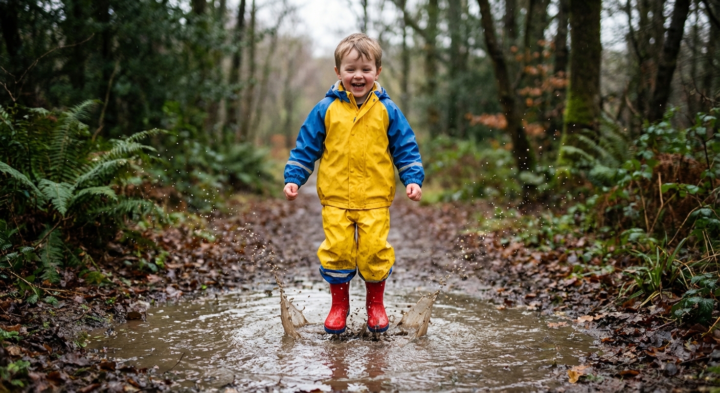 Rõõmus väikelaps PFAS-vabades veekindlates välisriietes mängimas metsapargis pärast vihma