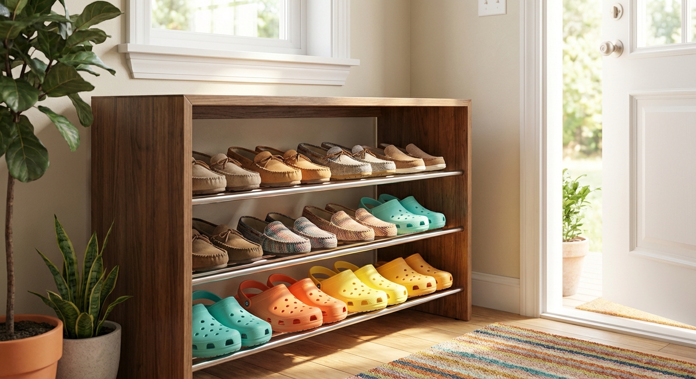 Modernne jalatsiriiul ukse juures mitme paari mugavate igapäevajalatsitega