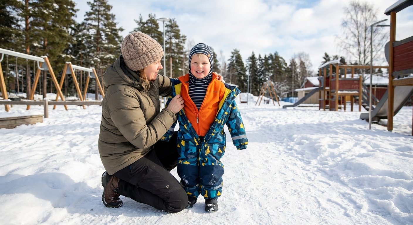 Vanem aitab naerataval lapsel kihiliselt riietuda talveks PFAS-vabadesse Reima välisriietesse