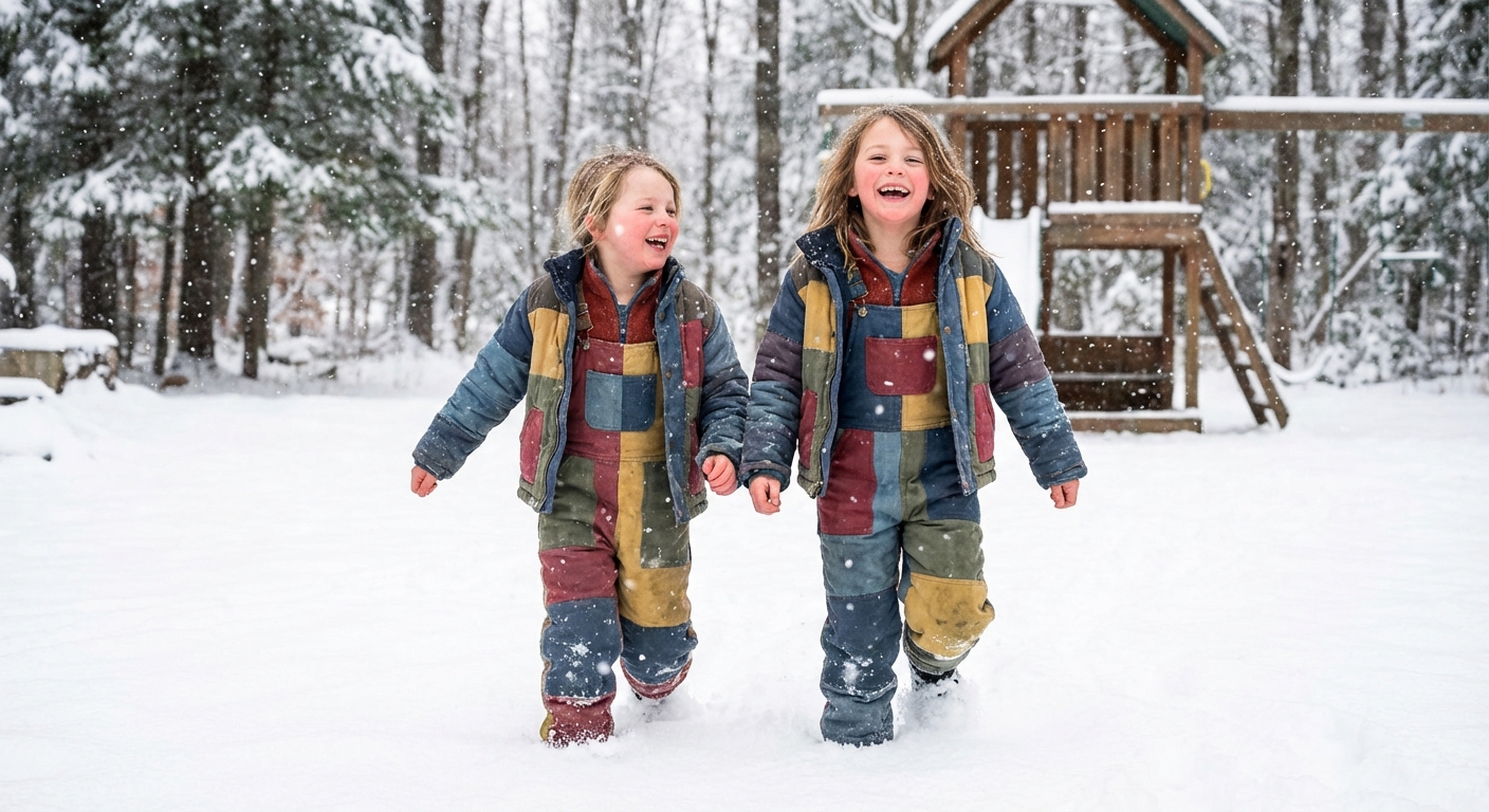 Kaks last jooksevad ja mängivad lumes värvilistes talvejopedes
