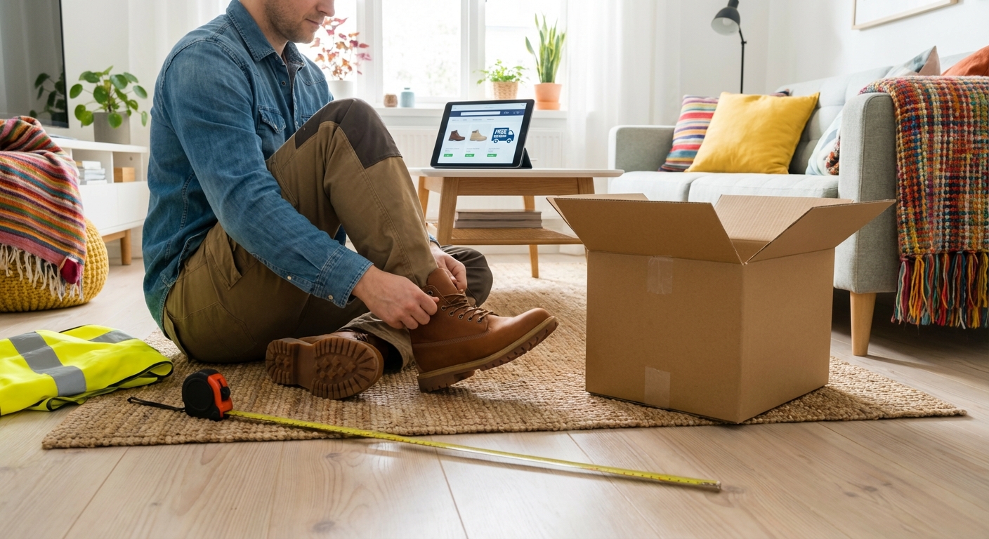 Siseruumis vastupidavaid tööjalanõusid jalga prooviv töötaja istub karpide kõrval