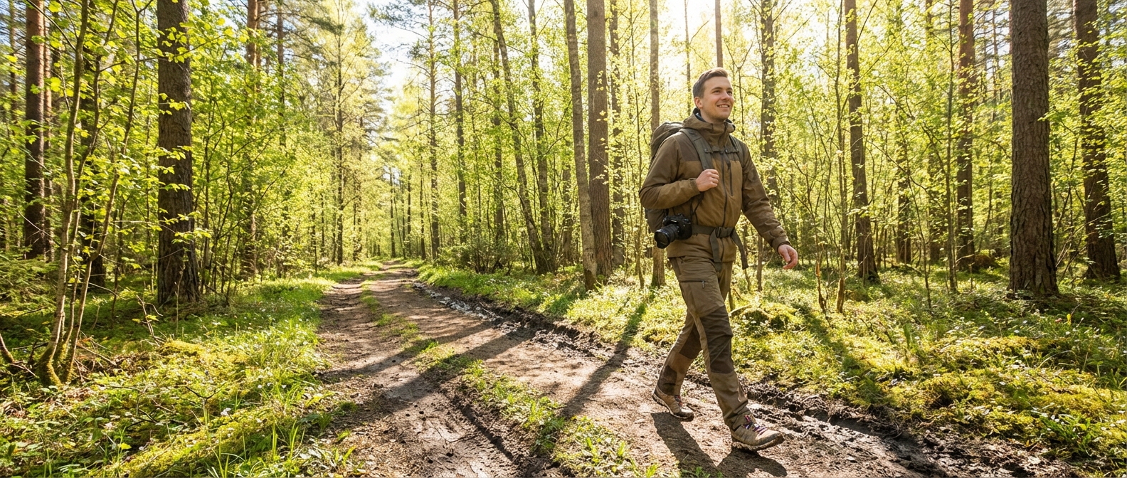 Noor täiskasvanu matkamas kevadisel Eesti metsarajal, kerged värvilised matkajalanõud jalas