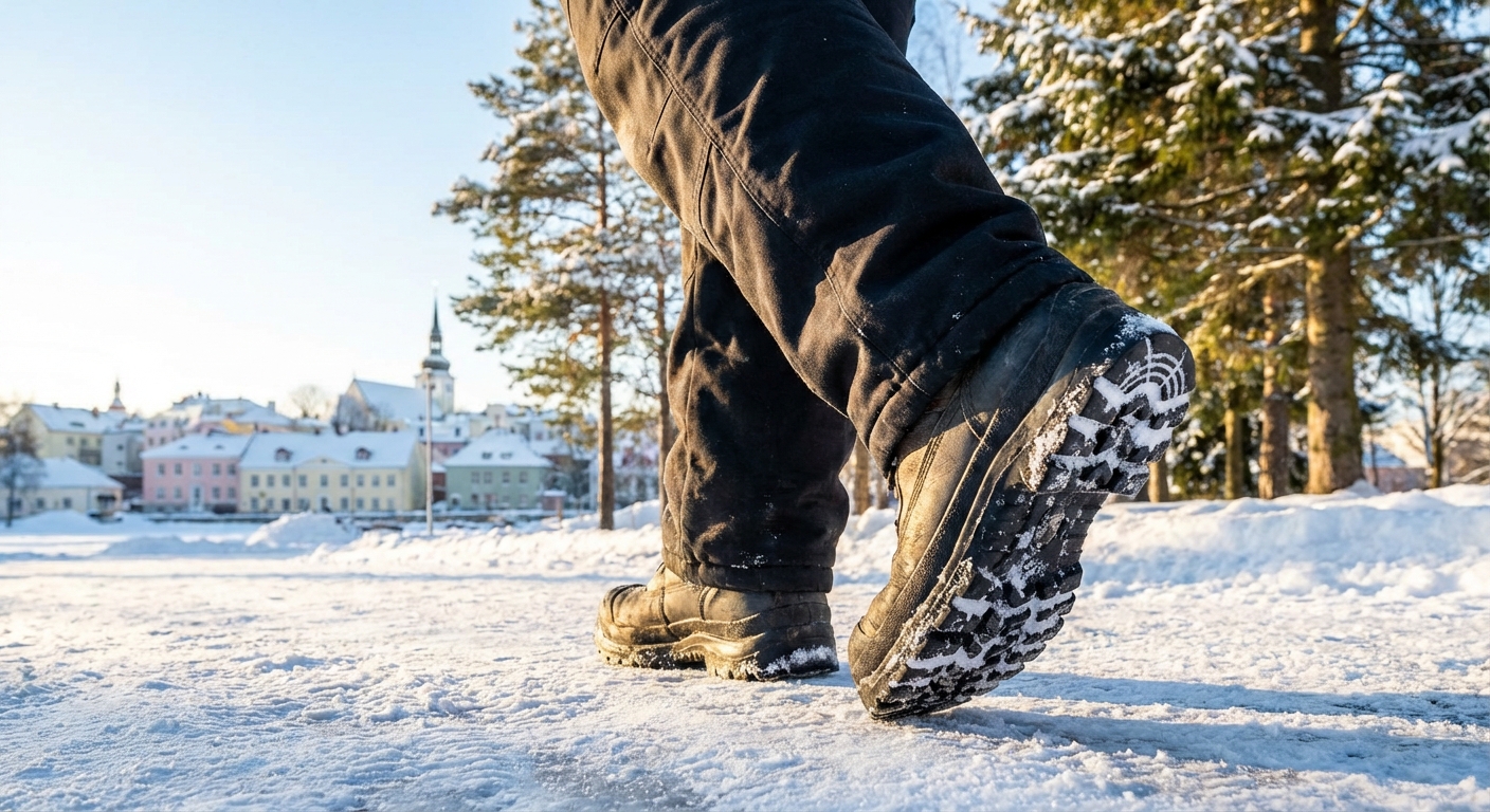Talvine tööstseen, kus inimene kannab soojustatud veekindlaid töösaapaid lumes töötades