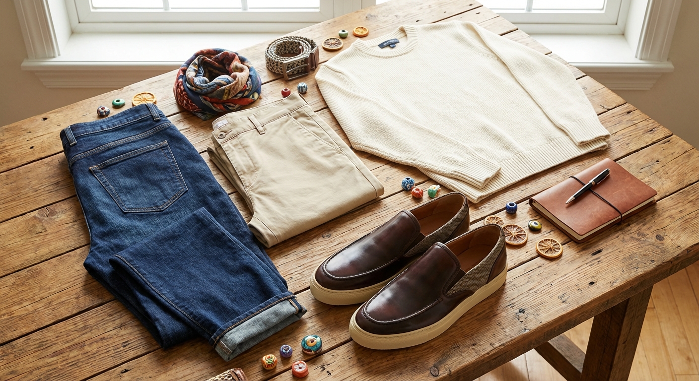 Smart casual rõivakomplekti flatlay: tumesinised teksad, beežid chino püksid ja stiilsed mokassiinilaadsed jalatsid