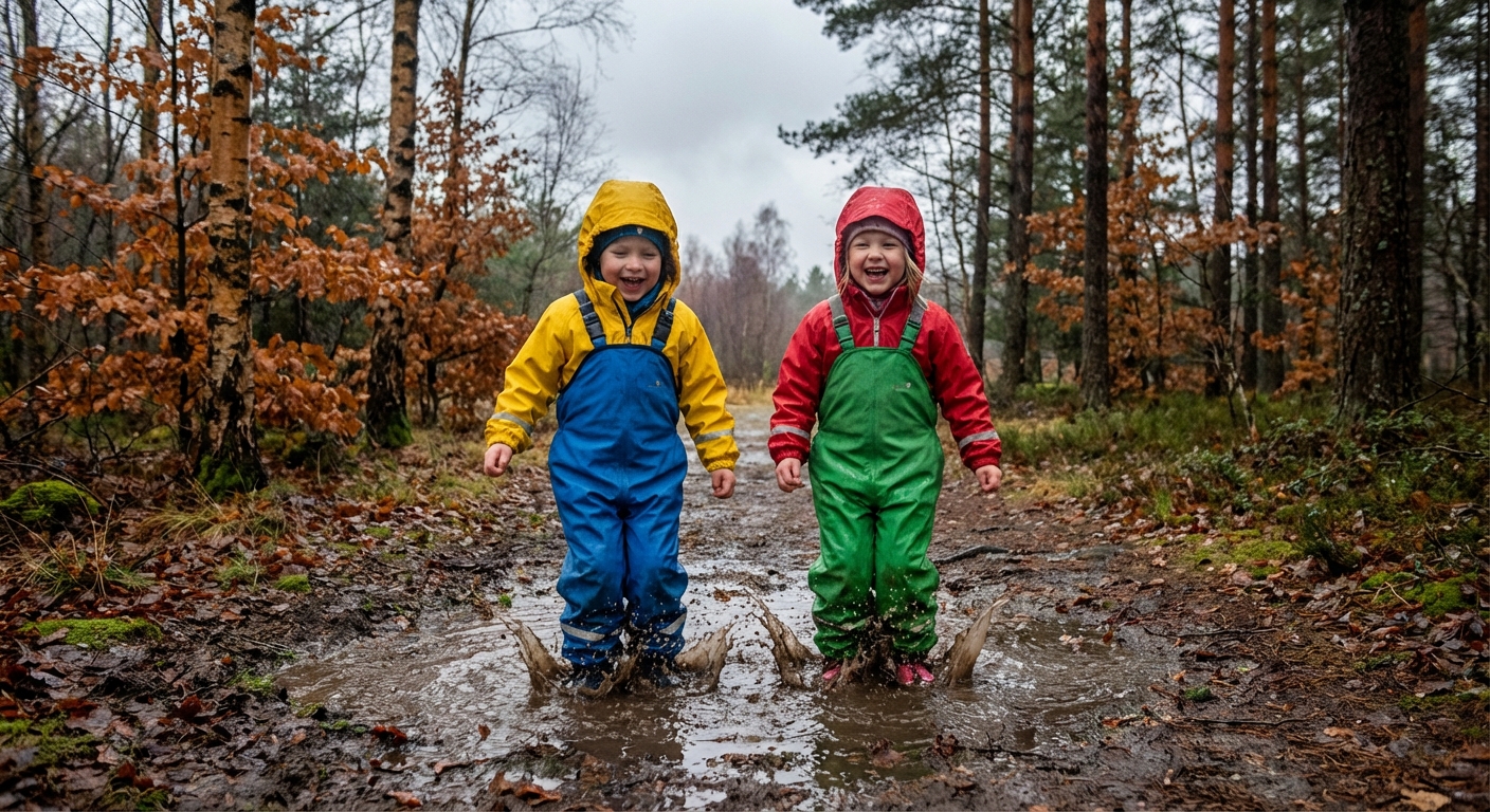 Kaks rõõmsat last mängivad vihmase ja tuulise Põhjamaa ilmaga õues, seljas värvilised veekindlad ja hingavad õueriided