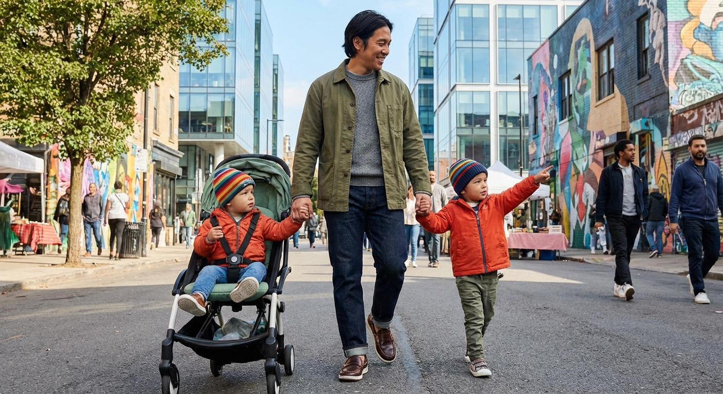 Aktiivne noor lapsevanem kõndimas kaasaegses linnakeskkonnas, kandes stiilseid mugavaid hübriidjalatseid